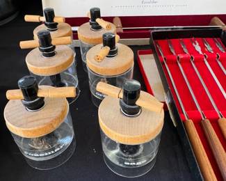 Wood + glass herb mills; fondue forks
