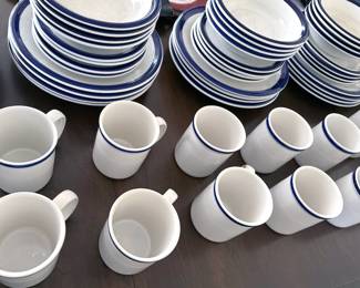 Century Stoneware dinnerware, white with blue trim