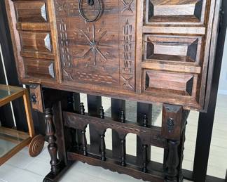 Repro Spanish walnut cabinet/desk (“bargueno”) on stand