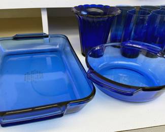 Anchor blue baking dishes + assorted glassware