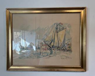 This framed artwork of watercolor and pencil shows another seaport, with a sailing ship at the dock.  Paul Signac, 1931