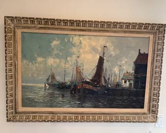 This seaport painting is signed and framed.  A close-up of the signature is on the next image.