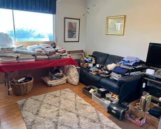 This overview shot shows the bedding, a leather sofa with more clothing and other fabric items.  Off to the right you can see a video monitor and a few other electronics.