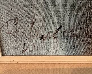 This is the signature of the abstract piece with the three vertical stripes.  Possibly by Paul Jenkins.