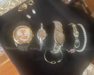 Beautiful Vintage Jewelry including sets of gold earrings, ruby and gold 14k ring, sets of gold earrings, cultured strand of pearls and matching 10k gold and pearl ring, sterling necklace, quality vintage watches mostly womens plus pocket watch including fob and beautiful vintage costume jewelry.