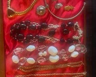 Beautiful Vintage Jewelry including sets of gold earrings, ruby and gold 14k ring, sets of gold earrings, cultured strand of pearls and matching 10k gold and pearl ring, sterling necklace, quality vintage watches mostly womens plus pocket watch including fob and beautiful vintage costume jewelry.