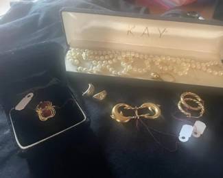 Beautiful Vintage Jewelry including sets of gold earrings, ruby and gold 14k ring, sets of gold earrings, cultured strand of pearls and matching 10k gold and pearl ring, sterling necklace, quality vintage watches mostly womens plus pocket watch including fob and beautiful vintage costume jewelry.