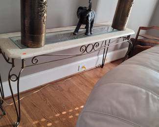 Blond Oak entry table,with heavy deco metaltying on frame and base