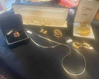 Beautiful Vintage Jewelry including sets of gold earrings, ruby and gold 14k ring, sets of gold earrings, cultured strand of pearls and matching 10k gold and pearl ring, sterling necklace, quality vintage watches mostly womens plus pocket watch including fob and beautiful vintage costume jewelry.