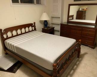 Link Taylor solid cherry 5 piece bedroom set (each piece has Link Taylor label). Includes box spring and relatively brand new Leesa Mattress. Dresser with mirror measures 62" wide x 19" deep x 67" tall (including mirror). 1,200 for full set (Leesa alone is 800).