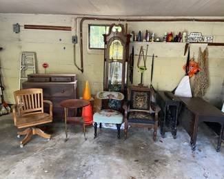 Additional vintage furniture.  Grandfather clock sold. Two Space saving drop leaf tables!! $200 for the small one, $300 for the big one. Two needlepoint chairs. Both could use some love. $150 each. Large dresser. Needs paint. $50. Brass claw leg and mahogany table. $150. Vintage rolling oak office chair. $50. 
