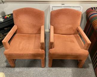 Set of two vintage 70s/80s (?) sitting chairs. Generally very good consition with some minor imperfections you really have to look for. Extremely comfortable. Back in style! 24" wide, 30" deep, 34" tall at back. $200 for the set. 