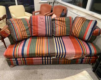 Two piece set of vintage 80s sofa and loveseat. Highlighted as greatest sofa ever made in NY fashion magazine. I don't know why; I think it's ugly. But it is apparently in high demand. $1,900 for set. Loveseat in perfect condition. Couch has major damage to underside of main cushion (can see in picture). Couch is 83" wide by 32" tall (at arms) by 41" deep. Prefer to sell as set. Will entertain offers on just loveseat or just couch. 