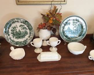 Spode plates and milk glass