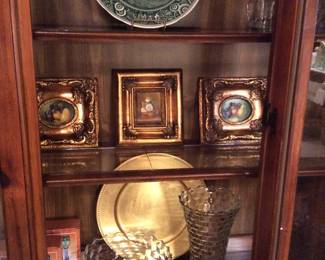 Spode plate, small oil on board pictures, Fostoria vase and Fostoria bowl