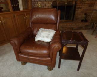 Leather Side Chair, Pillow and Wood Side Table