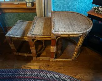 VINTAGE SEMICIRCLE BAMBOO  CANE NESTING TABLES