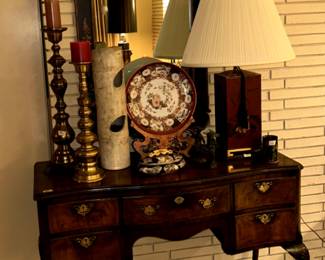 Beautiful ladies writing desk, tall brass candlesticks; handmade pottery vase