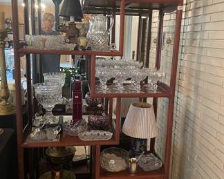 Mid century modern bookcase; Barbara cut crystal by American Cut;