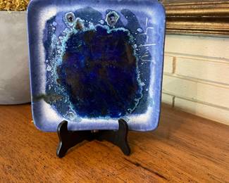 Signed McCarty Vintage cobalt blue square plate with water bottom - 8" x 8"