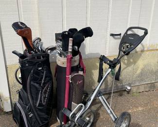 Golf bags, golf clubs, golf bag push carts, and accessories