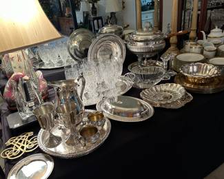 Large silver chafing dish, silver trays, vegetable bowls, silver pitcher