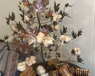 Copper cotton tree., vintage miniature cotton bales
