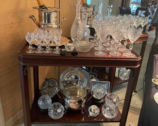 Serving cart; Barbara cut crystal by American Cut; silver wine bucket; crystal rose bowls