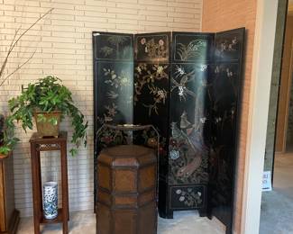 Asian folding screen - 6’; Chinese 3 tiered Wedding/dowery basket; Chippendale style fern stand