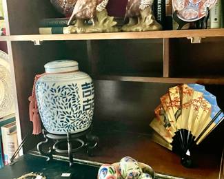 Blue and white oriental jar; Gail Pittman Easter eggs