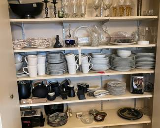 Assortment of kitchen items, dishes, glassware