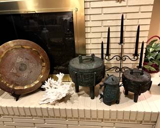 Vintage James Mont style Verdigris 3-footed Metal Ice Bucket And Pitcher MCM Taiwan and large vintage Chinese ice bucket, Large coral sculpture