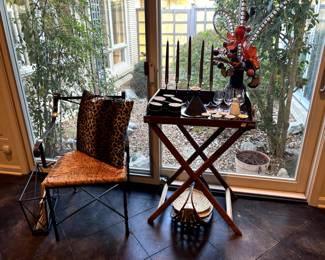 Iron and rattan chair, butlers tray serving table