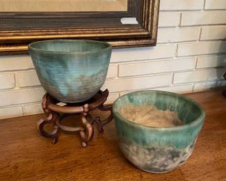 Signed McCarty Jade bowls, vintage popcorn bowl signed by Pup, vintage small christening bowl signed by Lee