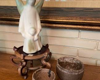 Signed McCarty white jade angel and child figurine; Signed McCarty nutmeg cups - small 2.5"H x 3"W; old fashion cup 3"H x 4.25"W