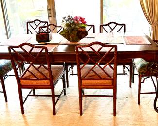 Wood and iron dining table, 6 side chairs 2 host chairs