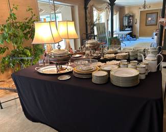 Large set of china from the Centurion Collection, 9414 Pure Gold, 12 -4 piece place settings and coffee/tea pot, large silver chafing dish, silver trays