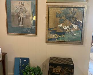 Wall art and Asian black lacquer box on stand