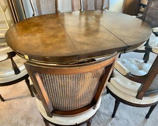 Vintage Dining Extension Table with 8 Cane Back, Swivel Chairs - 3 Leaves Total