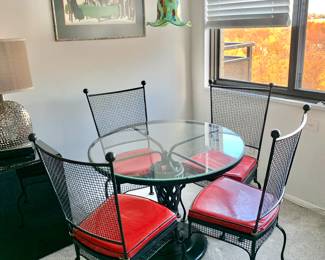 Vintage Iron Table and Chair Set with Bright Red Vinyl Cushions