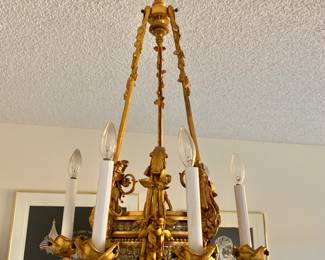 Louis XVI Style Ormolu and Faceted Beaded Glass Basket Form Six Light Chandelier