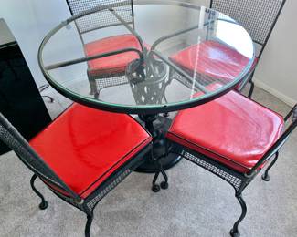 Vintage Iron Table and Chair Set with Bright Red Vinyl Cushions