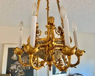 Louis XVI Style Ormolu and Faceted Beaded Glass Basket Form Six Light Chandelier