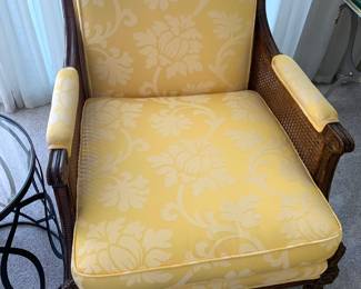 Pair of French Louis XVI Style Damask Chairs with Cane Sides