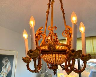 Louis XVI Style Ormolu and Faceted Beaded Glass Basket Form Six Light Chandelier
