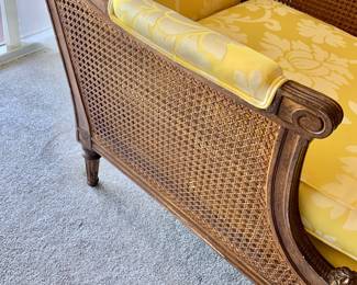 Pair of French Louis XVI Style Damask Chairs with Cane Sides