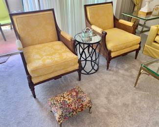 Pair of French Louis XVI Style Damask Chairs with Cane Sides