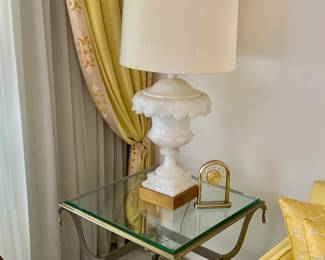 Large Vintage Alabaster Lamp with Vintage Shade on Vintage Brass and Glass Table
