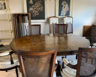 Vintage Pedestal, Dining Extension Table with 8 Cane Back, Swivel Chairs - 3 Leaves Total