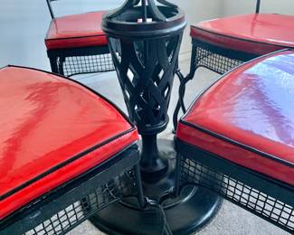 Vintage Iron Table and Chair Set with Bright Red Vinyl Cushions